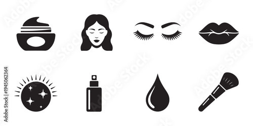 Beauty and cosmetic icons set for makeup, skincare, and facial care product application on white background