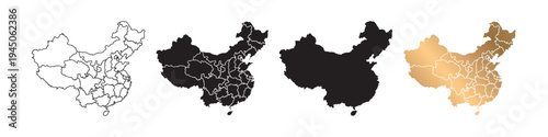 Vector maps of China in various styles, featuring black and gold lines.