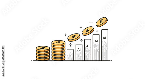 A bar chart with five increasing bars marked AI and circuit patterns shows golden dollar coins stacking and flying upwards on a white background.