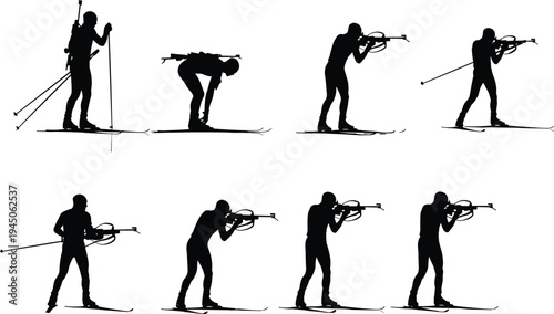 Biathlon athlete silhouettes collection, cross country skiing with rifle shooting action poses, winter sport competition isolated vector illustration set
