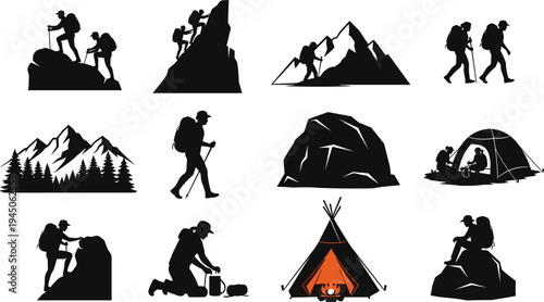 Hiking and camping adventure silhouettes collection, mountain climbers backpackers tent and campfire outdoor activity icons, nature exploration vector illustration set