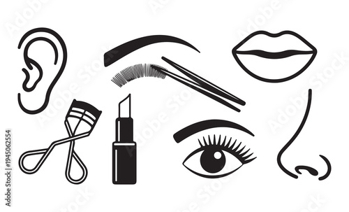 Woman beauty face features and makeup icons set including eyes lips nose ear mascara lipstick tweezers curler