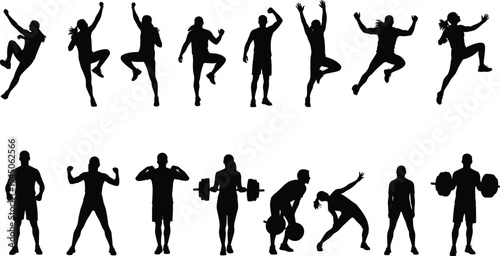 Fitness and sport people silhouettes collection, athletes jumping training and lifting weights action poses, active lifestyle workout concept vector illustration set