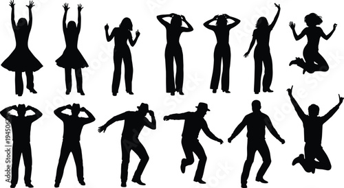 Happy people dancing and jumping silhouettes collection, energetic men and women celebration poses, joy freedom and party lifestyle concept vector illustrationHappy people 