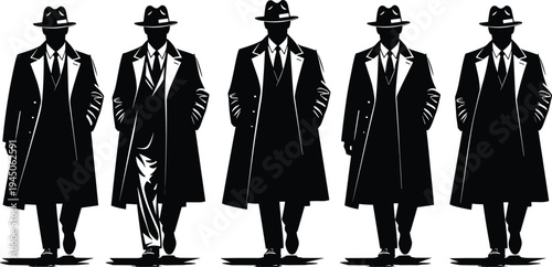 Collection of vintage noir detective silhouettes wearing trench coats and fedora hats walking in mysterious poses for retro crime themesCollection of vintage noir detective silhouettes wearing trench 