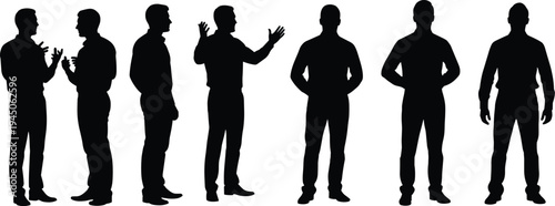 Business men silhouettes collection, professional male characters standing and talking poses, corporate communication and teamwork concept isolated vector illustration set