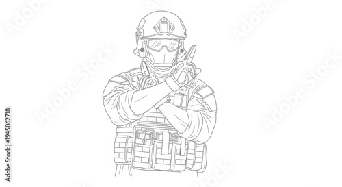 Special Forces Soldier Gesturing Stop, Tactical Gear, Military Operation, Combat Ready