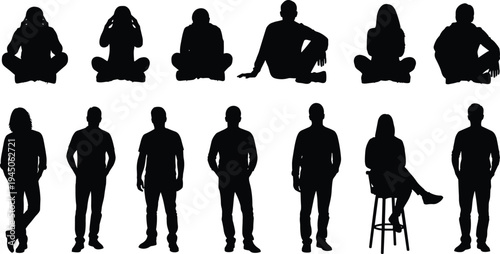 People sitting and standing silhouettes collection, men and women casual poses including cross leg sitting and stool pose, isolated lifestyle vector illustration set