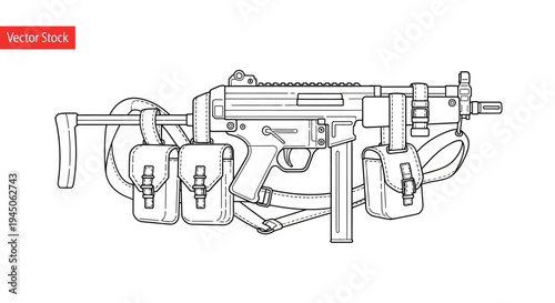 Submachine Gun with Ammo Pouches and Sling - Vector Illustration