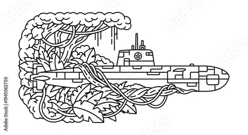 Submarine Camouflaged in Lush Jungle Foliage with Vines
