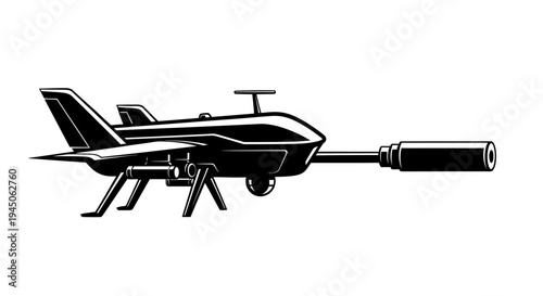 Surveillance Drone with Silencer and Camera - Black and White Vector Art