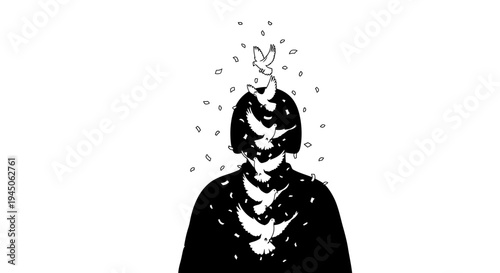 Surreal Black and White Illustration: Silhouette with Birds and Butterfly