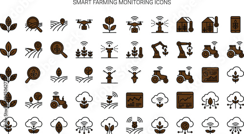 Smart farming monitoring icon set with drones sensors tractors crop analytics irrigation and precision agriculture technology