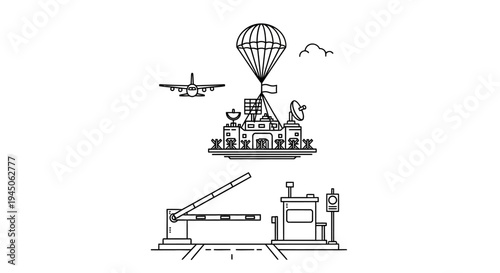 Surreal floating island with hot air balloon, airplane, and barrier gate