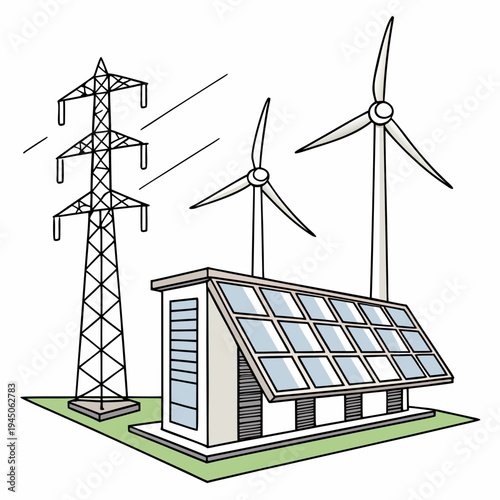 House with solar roof and wind turbines transmission tower