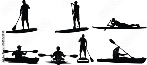Kayaking and paddle boarding silhouettes collection, water sport activity people paddling on lake or sea, outdoor adventure recreation vector illustration set