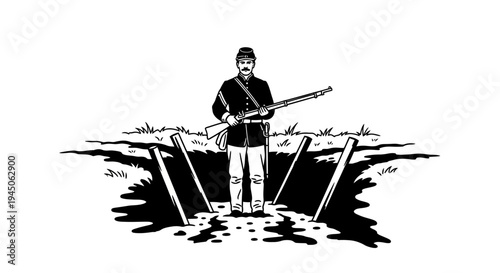 Union Soldier Standing Guard in Trenches with Rifle, American Civil War