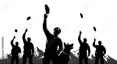 Silhouette of Soldiers and Military Dog Playing with Frisbees in Mountains at Sunset