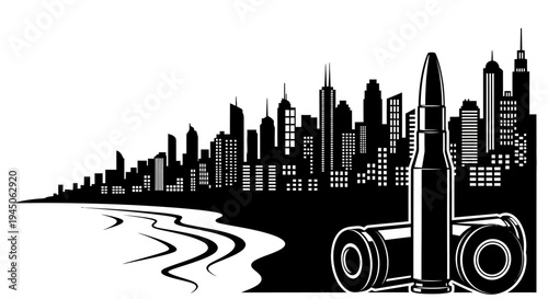 Urban Warfare Concept: Cityscape Silhouette with Bullets and Shells