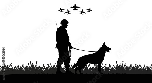 Silhouette Soldier with Dog and Airplanes, Military K9 Unit, Freedom Symbol