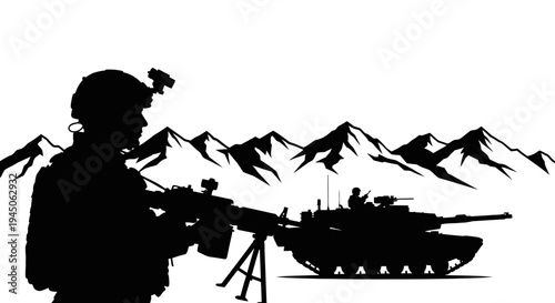 Silhouette Soldier with Machine Gun and Tank Against Mountain Background