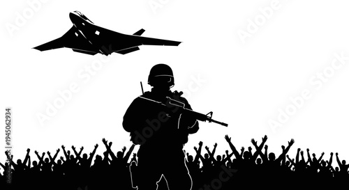 Silhouette Soldier with Fighter Jet and Crowd, Military Power, Freedom, Support