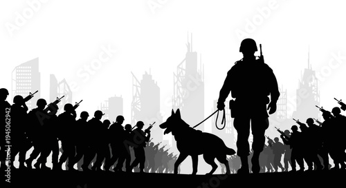 Silhouette Soldier with Dog Patrols Ruined Cityscape