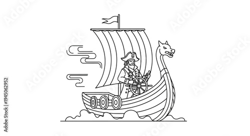 Viking Ship Captain Steering with Dragon Head Prow and Sail