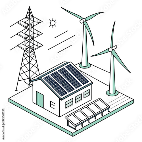 Green energy system with solar panels and wind turbines