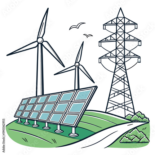 Wind turbines and solar panels with power lines transmission tower