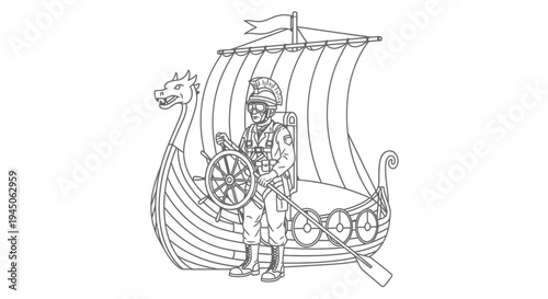 Viking Ship Captain with Oar and Helm, Military Uniform, Dragon Head Prow, Sailing