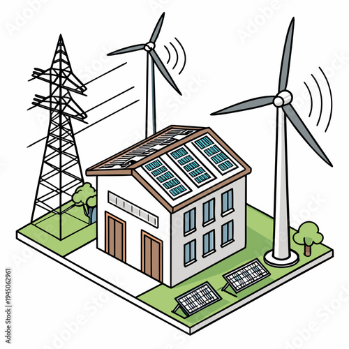House with solar panels and wind turbines power transmission tower