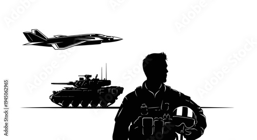 Silhouette Soldier, Tank, and Fighter Jet - Military Power and Defense Concept