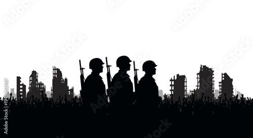Silhouette Soldiers in Ruined Cityscape, War Aftermath, Post-Apocalyptic Landscape