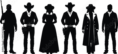 Wild west cowboy and cowgirl silhouettes collection, vintage western characters with hats, coats and rifle, classic frontier style people isolated vector illustration