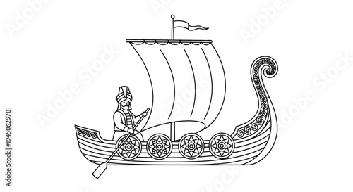 Viking Ship with Warrior and Oar, Ancient Nordic Longboat, Historical Maritime Vessel