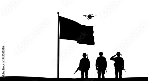 Silhouette Soldiers Salute Flag with Drone Overhead