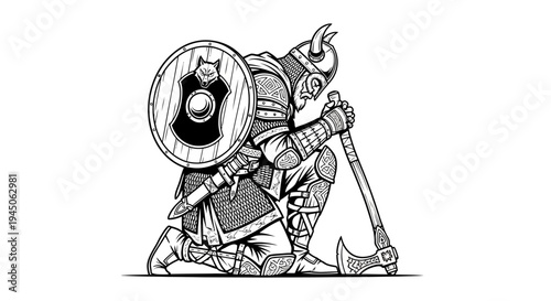 Viking Warrior Kneeling with Axe and Shield, Black and White Illustration