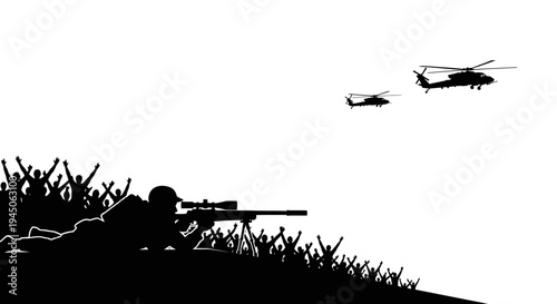 Sniper Soldier Silhouette with Helicopters and Crowd, War Concept
