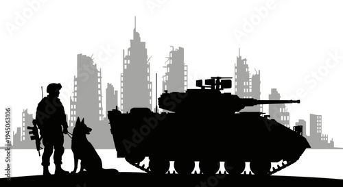 Soldier and Dog Silhouette with Armored Vehicle and Ruined City Background