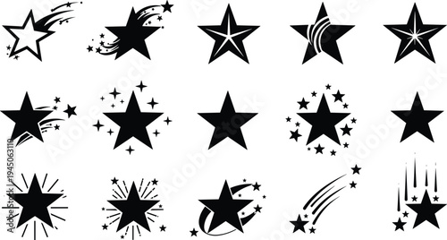 Black star icon vector set, decorative sparkle symbols, motion trail stars, minimal UI elements, hand-drawn celestial shapes, graphic design collection