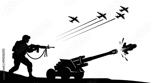 Soldier firing anti-aircraft gun at enemy planes, military combat scene