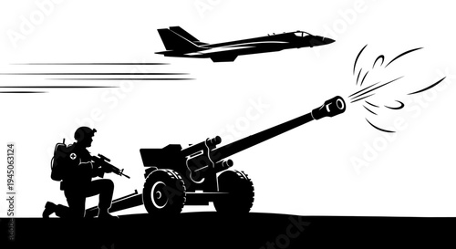 Soldier firing artillery gun with fighter jet flying overhead in combat scene