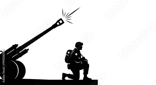 Soldier Firing Artillery Gun, Military Operation, Combat Scene Silhouette