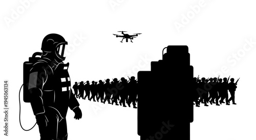 Soldier in Hazmat Suit and Drone Overseeing Marching Army in Silhouette