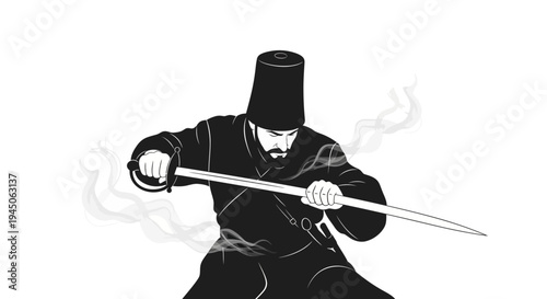 Warrior with Sword, Black Silhouette, Dynamic Pose, Smoke Effect, Historical Combat
