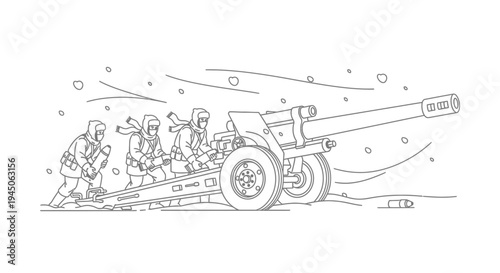 WWII Soldiers Loading Artillery Cannon in Snowy Winter Landscape