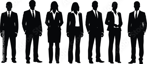 Business team silhouettes standing in a row isolated on light background representing corporate workforce, leadership diversity, professional group, human resources concept collaboration unity