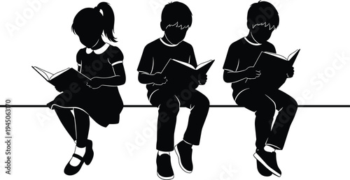 Children reading books silhouettes sitting on bench isolated on light background representing education, learning, school literacy, childhood study habits, knowledge development concept