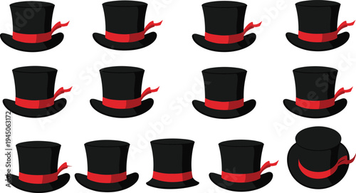 Black top hats with red bands, visual oddity puzzle, stacked hat difference, isolated object, cad drawing flat vector illustration